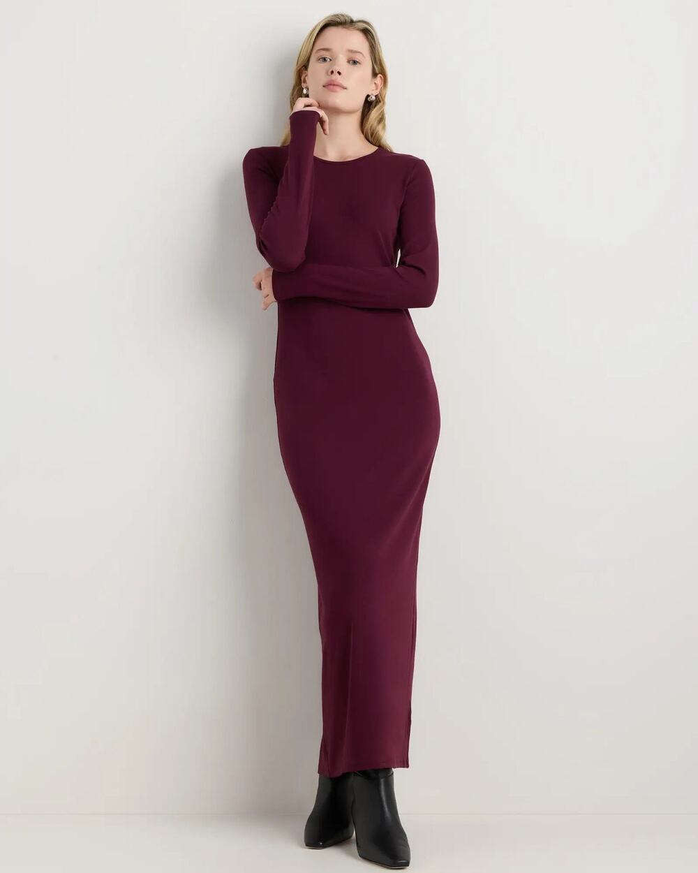 Quince Long Sleeve Knit Wine Tasting Red Organic Cotton Blend Maxi Dress Small